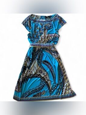 New York & Company Turquoise Paisley Midi Dress with Belt